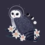  2017 ambiguous_gender animated avian beak bird black_eyes black_markings crescent_moon feathered_wings feathers feral flower full_moon grey_background grey_feathers half_moon halo looking_at_viewer looking_back markings moon owl plant rear_view reimena simple_background solo sooty_owl tail_feathers white_markings wings 