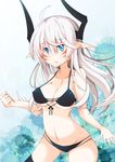  ahoge bikini blue_eyes breasts cleavage commentary_request horns large_breasts long_hair navel original pointy_ears solo swimsuit thighhighs white_hair yukikasa 