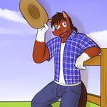  anthro blake_jackson blue_eyes blue_shirt brown_hair clothing cowboy_hat equine fuze hair hat horse jeans male mammal pants patterned_shirt ponytail simple_background solo texnatsu white_shirt 