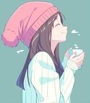  ^_^ aqua_background beanie brown_hair casual closed_eyes closed_mouth cup from_side hat holding holding_cup itachi_kanade long_hair long_sleeves nail_polish original pink_hat pink_nails profile shiny shiny_hair simple_background sleeves_past_wrists smile solo steam sweater two-handed upper_body white_sweater 