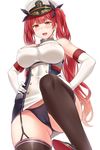  ass_visible_through_thighs azur_lane bangs bare_shoulders black_legwear black_ribbon blunt_bangs blush breasts cameltoe commentary_request elbow_gloves eyebrows_visible_through_hair garter_straps gloves hair_ribbon hands_on_hips hat honolulu_(azur_lane) large_breasts long_hair looking_at_viewer military military_uniform no_pants panties pantyshot peaked_cap red_eyes red_hair ribbon sama_samasa simple_background solo thighhighs twintails underwear uniform white_background white_gloves white_hat 
