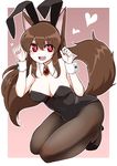 alternate_costume animal_ears azumaya_toushirou bare_shoulders black_footwear black_hairband black_leotard breasts brooch brown_background brown_legwear bunny_ears bunnysuit cleavage commentary_request detached_collar fake_animal_ears fang hairband hands_up heart highres imaizumi_kagerou jewelry kneeling large_breasts leotard looking_at_viewer open_mouth pantyhose shoes smile solo tail touhou wolf_ears wolf_tail wrist_cuffs 