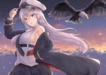  armpits azur_lane bangs bare_shoulders bird blush breasts buttons cloud commentary_request eagle enterprise_(azur_lane) evening eyebrows_visible_through_hair feathers hair_between_eyes hand_on_headwear hand_on_hip hat highres large_breasts long_hair looking_at_viewer miniskirt necktie open_mouth outdoors peaked_cap petals pleated_skirt purple_eyes sausan shirt sideboob sidelocks silver_hair skirt sleeveless sleeveless_shirt smile solo star thighhighs very_long_hair white_shirt wind wind_lift 