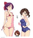  2girls anger_vein arms_behind_back asymmetrical_bangs bangs bikini blue_eyes blush bouncing_breasts bow breasts brown_hair chin_stroking clenched_hand competition_school_swimsuit covered_navel covered_nipples gegege_no_kitarou hair_bow hair_ornament hairclip highres inuyama_mana kitarou looking_at_viewer medama_oyaji medium_breasts micro_bikini mudou_eichi multiple_boys multiple_girls navel nekomusume nekomusume_(gegege_no_kitarou_6) one-piece_swimsuit open_mouth pointy_ears ponytail purple_hair red_bikini red_bow school_swimsuit short_hair side-tie_bikini simple_background small_breasts stomach string_bikini sweatdrop swimsuit white_background yellow_eyes 