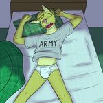  adam_caro army bed briefs bulge clothed clothing english_text fuze gray_shirt lying male mammal open_mouth pillow pink_nose shirt sleeping solo t-shirt teeth texnatsu text tighty_whities tongue underwear white_underwear 