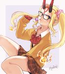  alternate_costume alternate_hairstyle black-framed_eyewear blonde_hair bow bowtie brown_skirt candy commentary_request contemporary facial_mark fate/grand_order fate_(series) food glasses ibaraki_douji_(fate/grand_order) lollipop long_hair looking_at_viewer oni_horns plaid plaid_skirt red_neckwear school_uniform skirt sleeves_past_wrists solo tongue tongue_out twintails twitter_username yellow_eyes yomichi_(yomi888) 