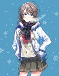  :o absurdres artist_name blue_background blue_eyes bow bowtie breath cowboy_shot double-breasted drawstring fur-trimmed_jacket fur_trim grey_hair hands_in_pockets highres hyugo jacket long_sleeves looking_at_viewer love_live! love_live!_sunshine!! plaid plaid_scarf pleated_skirt red_neckwear scarf school_uniform serafuku short_hair skirt snow_on_head snowflakes snowing solo star uranohoshi_school_uniform watanabe_you 