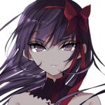  akemi_homura akuma_homura bad_id bad_twitter_id bow choker collarbone eyebrows_visible_through_hair floating_hair hair_between_eyes hair_bow hair_ribbon hairband highres long_hair looking_at_viewer mahou_shoujo_madoka_magica mahou_shoujo_madoka_magica_movie misteor portrait purple_eyes purple_hair red_bow red_hairband red_ribbon ribbon simple_background solo white_background 