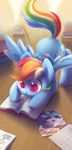  2017 bent_over book bookmark celebi-yoshi cute cutie_mark daring_do_(mlp) equine eyelashes feathered_wings feathers female feral friendship_is_magic full-length_portrait hair hi_res inside mammal multicolored_hair my_little_pony nude paper pegasus portrait purple_eyes rainbow_dash_(mlp) rainbow_hair reading shadow signature smile solo sunlight text wings wood wood_floor 