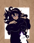  ahoge blush bow breasts dress gastly gen_1_pokemon gen_5_pokemon hair_bow hex_maniac_(pokemon) high_contrast huge_ahoge ian_chase large_breasts lips litwick looking_at_viewer messy_hair patreon_logo pokemon pokemon_(creature) pokemon_(game) pokemon_xy purple_eyes sepia spot_color taut_clothes taut_dress turtleneck_dress 