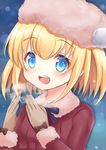  :d bangs blonde_hair blue_background blue_eyes blush breathing_on_hands brown_gloves coat commentary_request eyebrows_visible_through_hair fur-trimmed_sleeves fur_collar fur_trim gloves hair_between_eyes hat highres long_sleeves looking_at_viewer maaru_(shironeko_project) open_mouth pink_hat red_coat shironeko_project smile snowing solo sunameri_(pixiv3564245) upper_teeth 