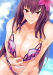  bangs bare_shoulders bikini bikini_pull blue_sky blush bracelet breasts cleavage cleavage_reach cloud collarbone day fate/grand_order fate_(series) flower gachou hair_flower hair_ornament hibiscus jewelry large_breasts leaning_forward long_hair md5_mismatch outdoors pink_bikini pubic_hair purple_hair red_eyes scathach_(fate)_(all) scathach_(swimsuit_assassin)_(fate) sky smile solo swimsuit wet 