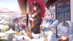  akagi_(azur_lane) animal animal_ears architecture atago_(azur_lane) azur_lane bangs black_gloves black_hair blue_eyes breasts cleavage cloud day dog east_asian_architecture eyebrows_visible_through_hair fingerless_gloves flower food fox_ears fox_tail fur_trim furisode gloves hair_flower hair_ornament holding holding_animal holding_food holding_umbrella japanese_clothes kaga_(azur_lane) kimono large_breasts long_hair long_sleeves looking_away mask mask_on_head multiple_girls multiple_tails obi open_mouth oriental_umbrella outdoors parted_lips red_eyes ronopu sash shiba_inu short_hair sitting sky smile snow snowflakes souryuu_(azur_lane) standing tail teapot tree umbrella veranda wagashi white_gloves white_hair wide_sleeves x_hair_ornament youkan_(food) 