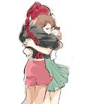  2girls brown_hair devilman devilman_crybaby duo eyebrows eyes_closed green_skirt hug jacket kuroda_miki long_hair makimura_miki multiple_girls ponytail red_hair shirt short_hair simple_background skirt tam tied_hair white_background white_shirt 