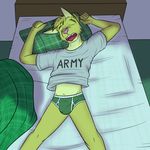  adam_caro army bed bobcat briefs bulge clothed clothing english_text feline freckles fuze gray_shirt green_underwear lying male mammal open_mouth pillow pink_nose shirt sleeping solo t-shirt teeth texnatsu text tongue underwear 
