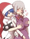  :3 bangs blush bow bowtie braid breast_grab breasts commentary_request doremy_sweet dress grabbing grabbing_from_behind hand_to_own_mouth hat jacket kishin_sagume large_breasts long_sleeves multiple_girls open_clothes open_jacket pom_pom_(clothes) purple_skirt red_eyes red_hat red_neckwear short_hair silver_hair simple_background skirt smile touhou turtleneck urin white_dress wing_collar yuri 