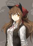  animal_ears black_vest brown_hair closed_mouth grey_background hair_between_eyes head_scarf lansane long_hair long_sleeves looking_at_viewer neck_ribbon orange_eyes original red_neckwear red_ribbon ribbon shirt signature smile solo tsana_(lansane) upper_body vest white_shirt wolf_ears 