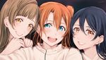  bangs blue_hair blush brown_eyes closed_eyes closed_mouth commentary_request grey_hair hair_between_eyes hands_on_another's_shoulders highres kousaka_honoka long_hair looking_at_viewer love_live! love_live!_school_idol_project minami_kotori multiple_girls open_mouth orange_hair portrait sandwiched shirt simple_background smile sonoda_umi suito white_shirt 