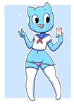  &lt;3 2018 4_fingers anthro blue_fur bottomless cartoon_network cat cellphone clothed clothing disfigure dot_eyes fangs feline female flat_chested fur hand_sign legwear looking_at_viewer mammal mature_female midriff mother navel nicole_watterson open_mouth panties parent phone sailor_uniform selfie simple_background smile solo the_amazing_world_of_gumball thigh_highs underwear undressing v_sign whiskers 
