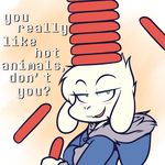  asriel_dreemurr blush boss_monster caprine clothing crackers english_text food fur goat green_eyes half-closed_eyes holding_food holding_object hoodie humor male mammal object_on_head sausage smug solo text undertale video_games white_fur young 