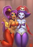 2018 big_breasts blue_eyes breast_squish breasts clothed clothing crossed_arms digital_media_(artwork) doomthewolf duo ear_piercing eyelashes female genie hair hat hi_res humanoid long_hair navel not_furry open_mouth open_smile patreon piercing pirate_hat pointy_ears purple_hair red_eyes risky_boots shantae shantae_(series) smile v_sign 