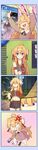  4koma :d ^_^ absurdres ahoge anger_vein bangs black_gloves black_shorts blonde_hair blue_eyes blue_sky blush broken brown_dress clenched_teeth closed_eyes closed_mouth collarbone comic commentary crop_top day dress eyebrows_visible_through_hair fingerless_gloves flat_chest frown gloves hair_between_eyes hair_ribbon highres long_hair long_sleeves monster_hunter monster_hunter:_world nature navel no_shoes open_mouth original outdoors pantyhose red_ribbon ribbon short_shorts shorts single_glove single_sleeve sky smile stomping streamers teeth tree truth tsubasa_tsubasa upper_teeth v_arms very_long_hair white_legwear 