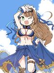  alternate_costume beatrix_(granblue_fantasy) bikini breasts brown_hair cleavage cloud cloudy_sky colorized dated day front-tie_bikini front-tie_top granblue_fantasy green_eyes hair_ornament hand_over_face motitoy navel one_eye_closed ponytail sash sky smile sparkle sunglasses swimsuit 