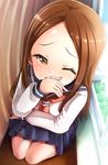  ;d bangs blurry blush brown_hair classroom commentary_request covering_mouth depth_of_field forehead foreshortening from_above highres indoors kamiya_zuzu karakai_jouzu_no_takagi-san laughing long_sleeves looking_at_viewer neckerchief one_eye_closed open_mouth parted_bangs perspective pleated_skirt red_neckwear school_uniform serafuku sitting skirt smile takagi-san tears window 