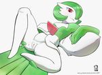  female gardevoir green_hair hair looking_at_viewer nintendo not_furry pok&eacute;mon pok&eacute;mon_(species) presenting pussy simple_background solo spread_legs spreading threeworlds video_games 