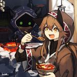  :d bowl brown_hair brown_jacket eating fire hair_between_eyes hand_up holding hood hood_up indoors jacket lansane long_hair long_sleeves open_mouth orange_eyes original ponytail sharp_teeth signature smile spoon teeth tsana_(lansane) wristband 