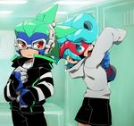  al_bhed_eyes aqua_background arms_(game) blue_eyes blue_hair cowboy_shot dressing gloves green_hair hood hoodie locker locker_room looking_at_another male_focus mask multiple_boys ninjara_(arms) orange_eyes pompadour shorts simple_background spring_man_(arms) suno_(imydream) 