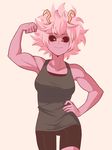  ashido_mina bare_arms bike_shorts black_sclera boku_no_hero_academia breasts collarbone commentary cowboy_shot flexing hand_on_hip highres horns looking_at_viewer medium_breasts muscle muscular_female pink_hair pink_skin pose sally_(luna-arts) short_hair shorts smile tank_top yellow_eyes 