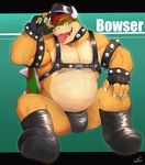  2018 4_fingers anthro boots bowser bulge claws clothed clothing collar fingerless_gloves footwear front_view g-string gloves green_background hair hand_on_knee harness hat horn koopa leather looking_at_viewer male mario_bros muscular muscular_male navel nintendo open_mouth partially_clothed rabbitdx26 red_eyes red_hair scales scalie shell simple_background sitting slightly_chubby solo spiked_armlet spiked_collar spikes teeth text tongue tongue_out underwear video_games yellow_scales 