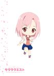  absurdres alaya blush chibi copyright_name eyebrows_visible_through_hair hair_ornament hairclip highres jacket koharu_yoshino looking_at_viewer pink_hair red_eyes sakura_quest simple_background smile solo white_background 