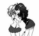  60606 animal_ears antlers closed_eyes greyscale hands_on_another's_arm hands_on_another's_shoulder height_difference kemono_friends kiss lion_(kemono_friends) lion_ears lion_tail monochrome moose_(kemono_friends) moose_ears moose_tail multiple_girls skirt tail yuri 