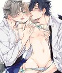  2boys animal_ears boy_sandwich brown_hair ear_licking female_saniwa_(touken_ranbu) green_eyes grey_hair group_sex heshikiri_hasebe hetero holding_hands interlocked_fingers kemonomimi_mode licking lingerie looking_at_another mmf_threesome multiple_boys navel sandwiched saniwa_(touken_ranbu) shokudaikiri_mitsutada sweat sweatdrop tail threesome touken_ranbu underwear yabukita yellow_eyes 