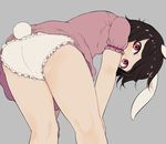  animal_ears ass bare_arms bare_legs bent_over black_hair bunny_ears bunny_tail dress from_behind grey_background highres inaba_tewi kneepits looking_at_viewer marsen panties pink_dress pink_eyes short_dress simple_background solo tail touhou underwear white_panties 