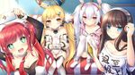  4girls :d :o ahoge anchor_symbol animal_ears arms_up azur_lane bangs bare_shoulders blonde_hair blue_eyes blush boots breasts bridal_gauntlets brown_hair bunny_ears camisole cellphone cleavage closed_mouth collarbone commentary_request couch detached_sleeves dress eldridge_(azur_lane) eyebrows_visible_through_hair facial_mark fur_trim hair_between_eyes hair_ornament hairband hand_on_headphones headphones highres holding holding_cellphone holding_phone indoors jacket laffey_(azur_lane) large_breasts lifebuoy long_hair long_island_(azur_lane) long_sleeves medium_breasts multiple_girls necktie off_shoulder open_mouth parted_lips phone puffy_long_sleeves puffy_sleeves red_eyes red_hair red_hairband red_neckwear san_diego_(azur_lane) shirt short_sleeves silver_hair sitting small_breasts smartphone smile sparkle taiki_ken thighhighs twintails upper_teeth very_long_hair white_camisole white_dress white_footwear white_jacket white_legwear white_shirt 