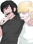  2boys asuka_ryou black_hair black_shirt blonde_hair devilman duo eyebrows eyes_closed fudou_akira multiple_boys open_mouth shirt short_hair simple_background smile so white_background white_shirt 