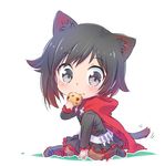  animal_ears cat_ears cat_tail check_commentary chibi chocolate_chip_cookie commentary commentary_request cookie eating food iesupa kemonomimi_mode pantyhose ruby_rose rwby rwby_chibi solo tail 