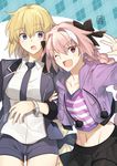  1girl arm_holding astolfo_(fate) black_skirt blazer blonde_hair blue_eyes braid casual eyebrows_visible_through_hair fang fate/apocrypha fate/grand_order fate_(series) hair_ribbon hand_on_another's_arm highres hood hooded_jacket jacket jeanne_d'arc_(fate) jeanne_d'arc_(fate)_(all) looking_at_viewer miniskirt multicolored_hair necktie nikame open_clothes open_jacket open_mouth otoko_no_ko pantyhose pink_hair red_eyes ribbon short_shorts shorts signature single_braid skirt smile white_hair wristband 