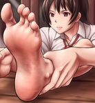  1girl barefoot brown_eyes brown_hair feet hairclip long_hair maku_(l-u) pov pov_feet socks_removed soles toes 
