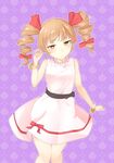  bangle blush bracelet brown_eyes commentary_request dress drill_hair floral_background frown hair_ribbon hand_up highres jewelry kanpa_(campagne_9) light_brown_hair looking_at_viewer medium_hair no_eyewear red_ribbon ribbon solo touhou twin_drills white_dress yorigami_jo'on 