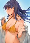  absurdres bangs bare_shoulders bikini blanket blue_background blue_hair blush breasts cleavage collarbone commentary_request copyright_request doushimasho ear gradient gradient_background hair_behind_ear half-closed_eyes highres holding lips long_hair looking_away looking_down medium_breasts navel orange_bikini shiny shiny_skin stomach strap_gap swimsuit towel upper_body 