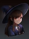  bangs brown_hair closed_mouth cropped_torso face hat kagari_atsuko little_witch_academia long_hair red_eyes school_uniform sidelocks solo wiiczp witch witch_hat 