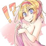  1girl alice_margatroid bangs blonde_hair blue_eyes blush body_blush breasts cleavage convenient_arm dondyuruma eyebrows_visible_through_hair hair_between_eyes hairband looking_at_viewer medium_breasts multicolored multicolored_background naked_towel open_towel pink_towel ponytail short_hair solo touhou towel two-tone_background upper_body 