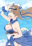  alternate_costume beatrix_(granblue_fantasy) bikini breasts brown_hair cleavage cloud cloudy_sky colorized dated day front-tie_bikini front-tie_top granblue_fantasy green_eyes hair_ornament motitoy ocean ponytail sash sky smile sparkle sunglasses swimsuit w 