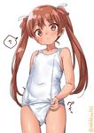  ? brown_eyes brown_hair cowboy_shot ebifurya from_below highres kantai_collection libeccio_(kantai_collection) long_hair looking_at_viewer one-piece_swimsuit school_swimsuit simple_background solo spoken_question_mark swimsuit tan twintails twitter_username white_background white_school_swimsuit white_swimsuit 