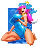  2018 alternate_species breasts camel_toe clothing crown cute_fangs female hair hat human humanized kneeling looking_at_viewer mammal minus8 navel nipple_bulge not_furry one-piece_swimsuit one_eye_closed open_mouth open_smile pink_hair pinkfong_(character) sea seductive smile solo swimsuit water 