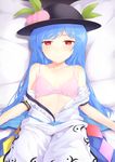  black_hat blue_hair blue_skirt bra breasts collarbone food frown fruit hat highres hinanawi_tenshi kanpa_(campagne_9) leaf long_hair looking_at_viewer lying on_back partially_unbuttoned peach pink_bra red_eyes shirt_pull skirt small_breasts solo touhou underwear 